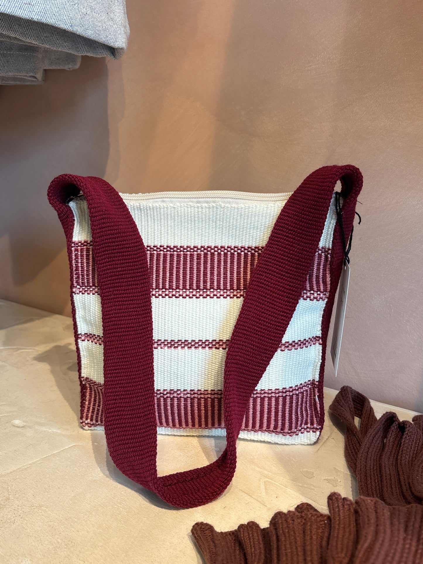 Mini Note Tote in Burgundy and White