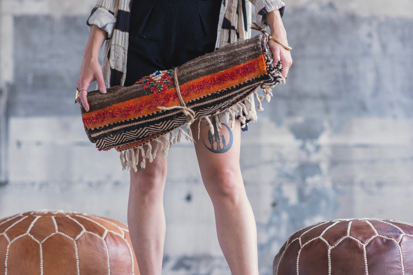 Classic Tan Leather Pouf - Modern Myth Decor