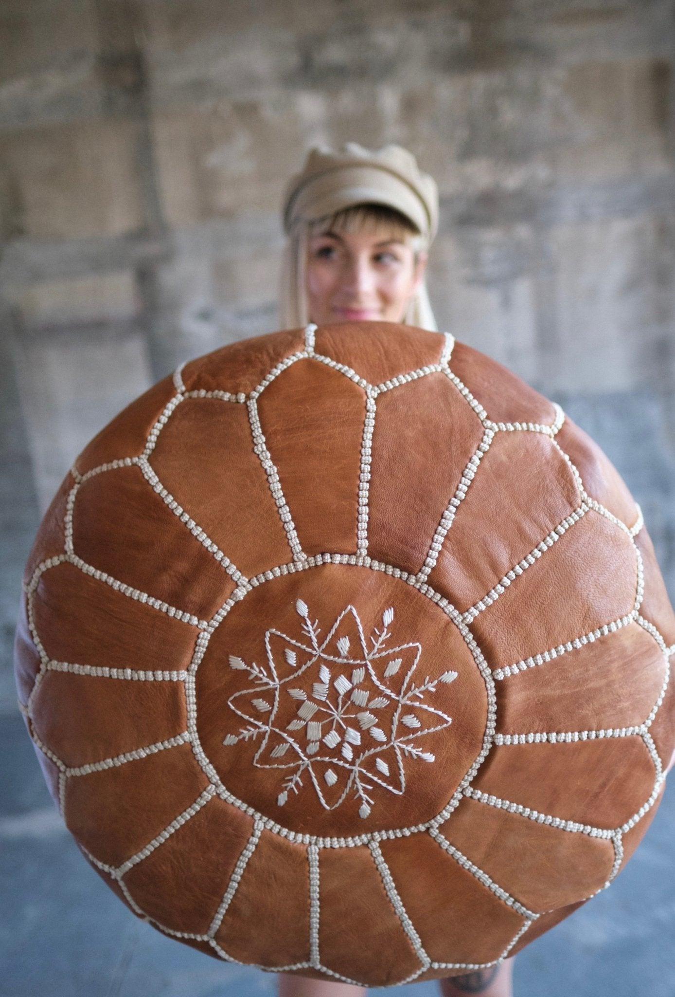 Classic Tan Leather Pouf - Modern Myth Decor