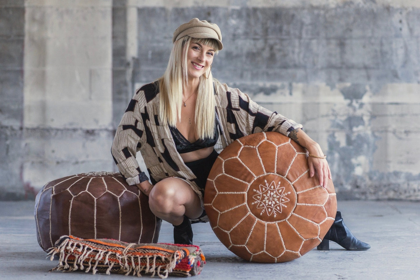 Classic Tan Leather Pouf - Modern Myth Decor