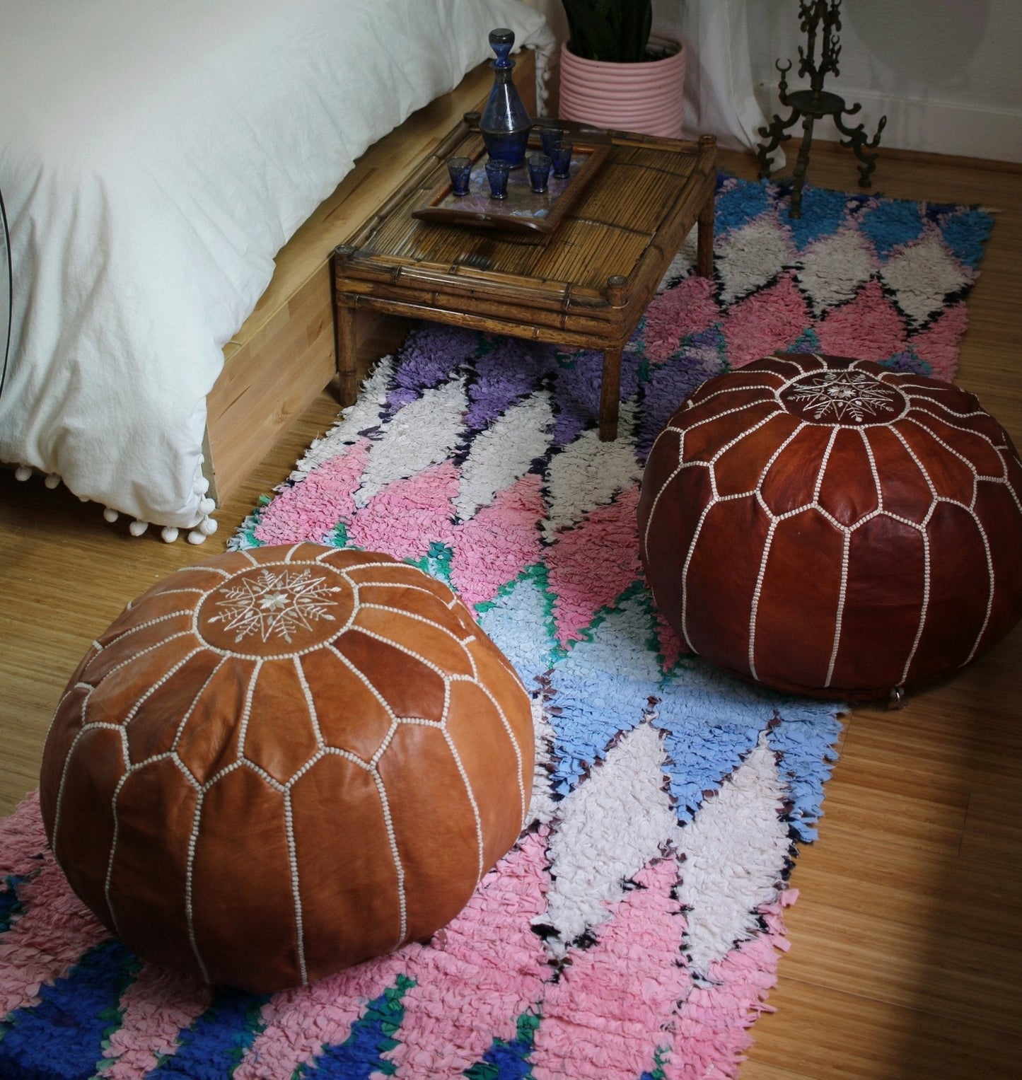 Classic Tan Leather Pouf - Modern Myth Decor