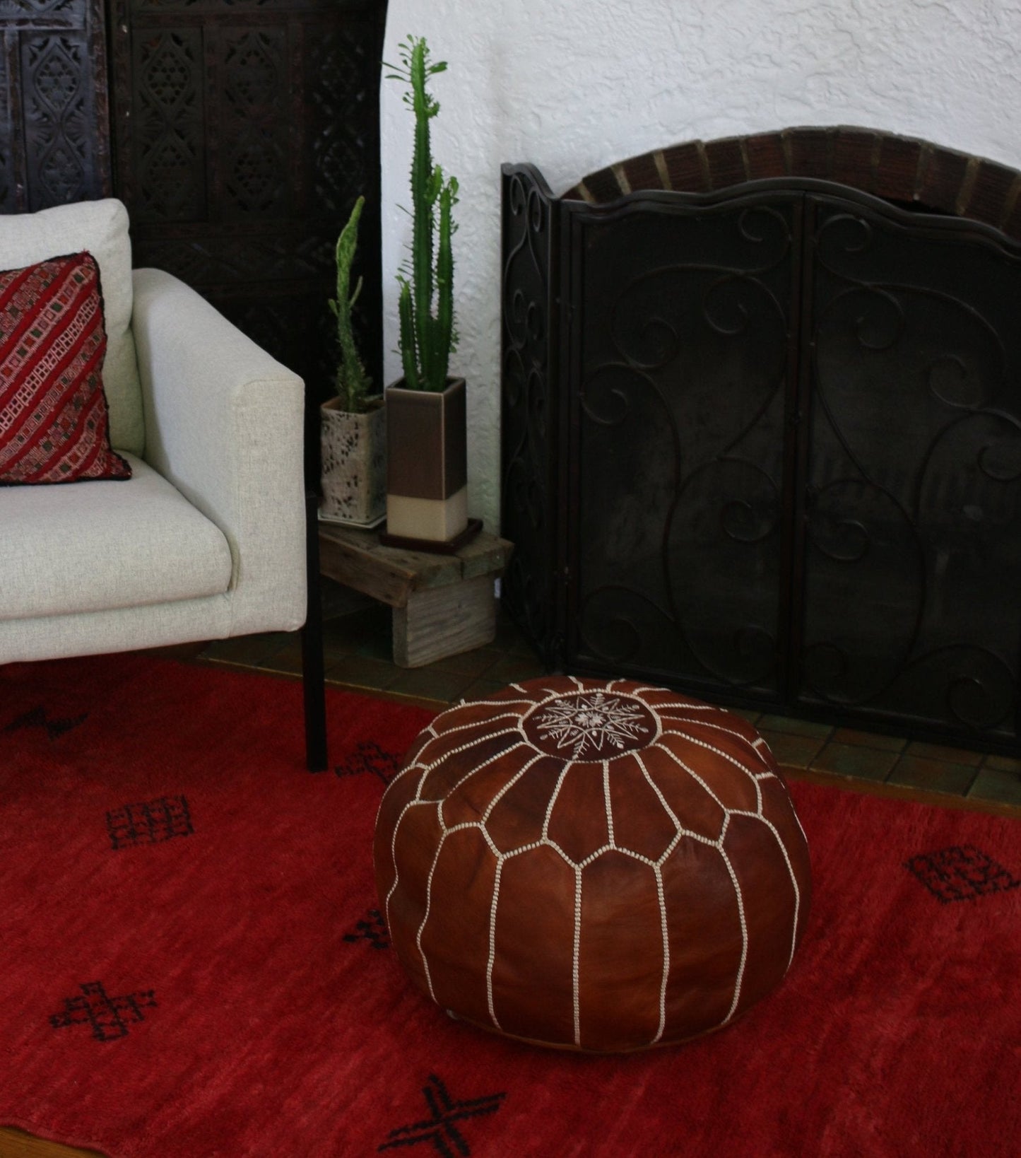 Mocha Leather Pouf - Modern Myth Decor