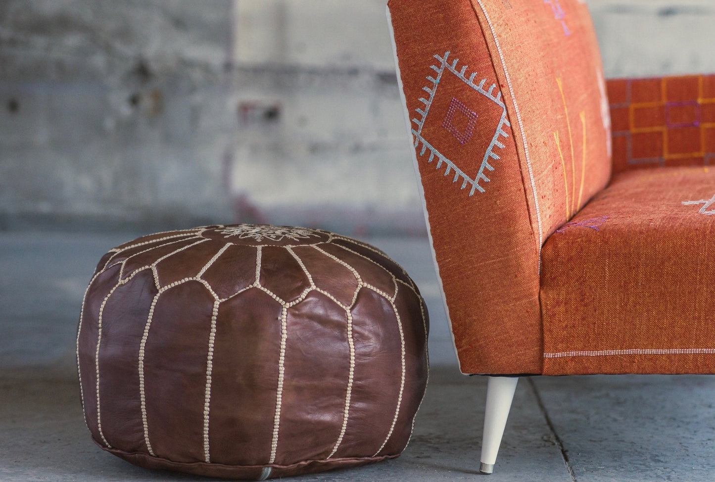 Mocha Leather Pouf - Modern Myth Decor