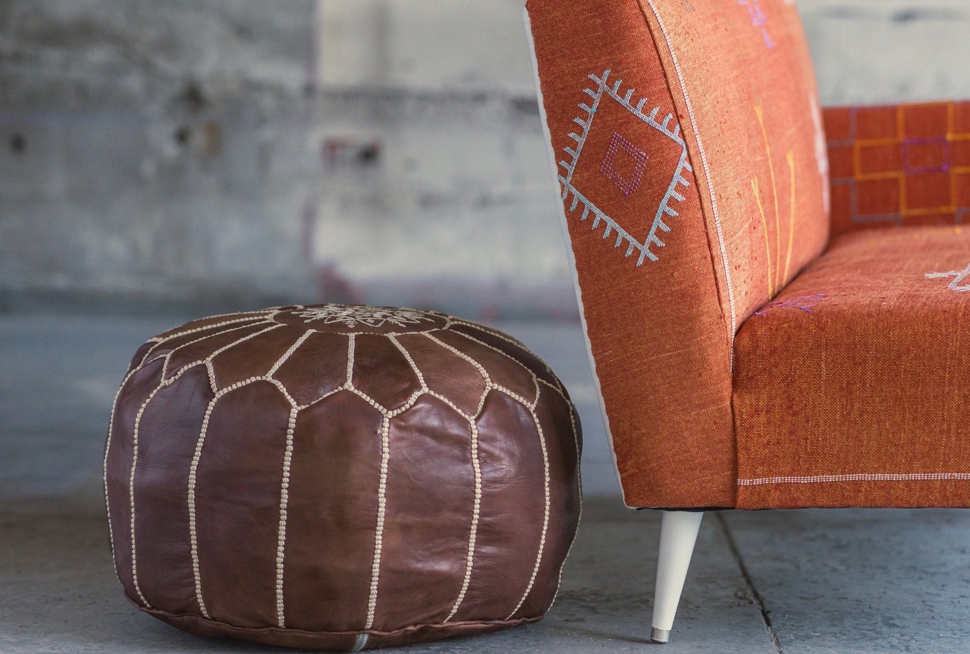 Mocha Leather Pouf - Modern Myth Decor