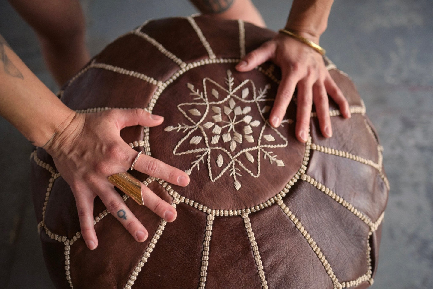 Mocha Leather Pouf - Modern Myth Decor