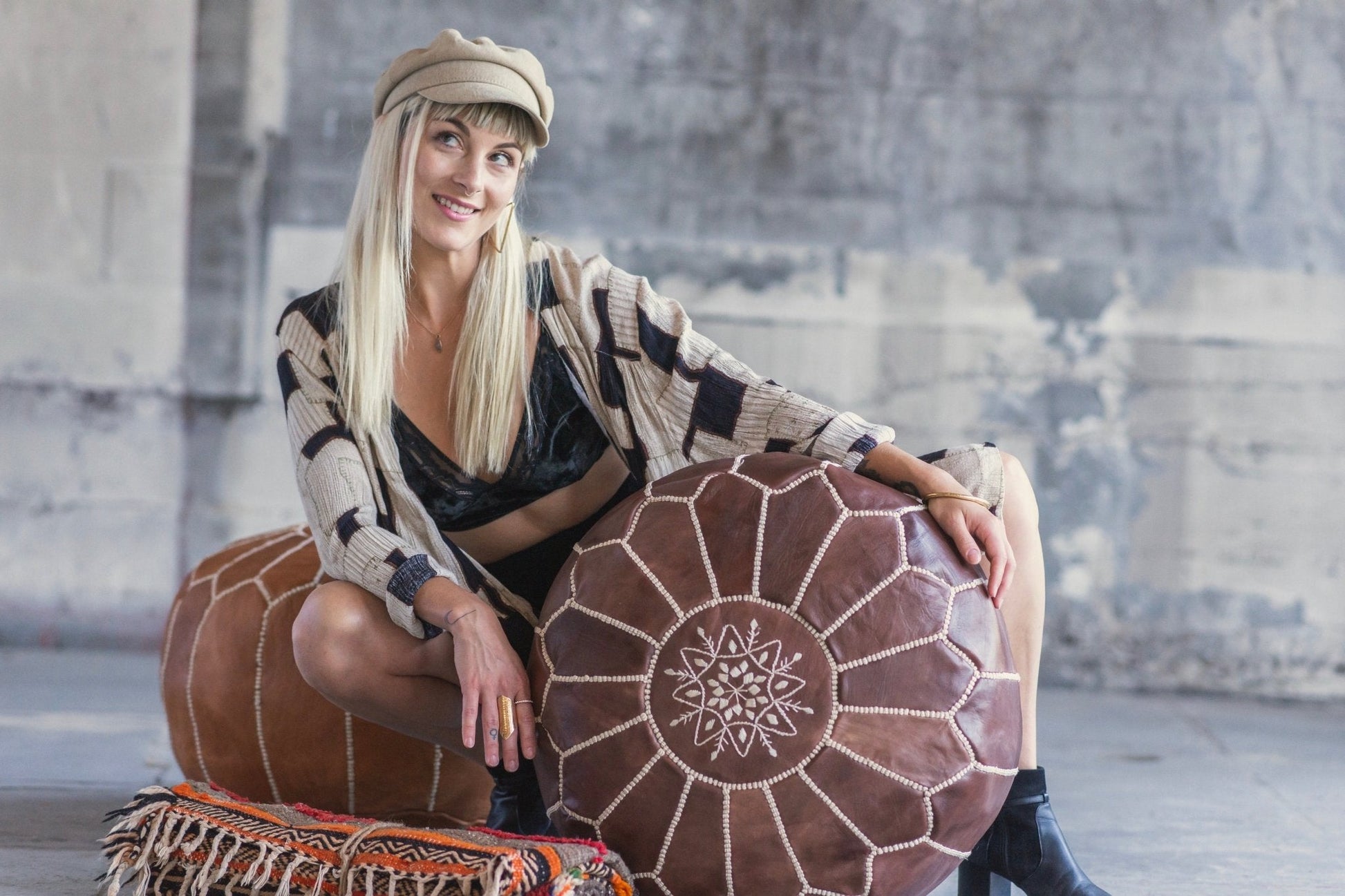 Mocha Leather Pouf - Modern Myth Decor